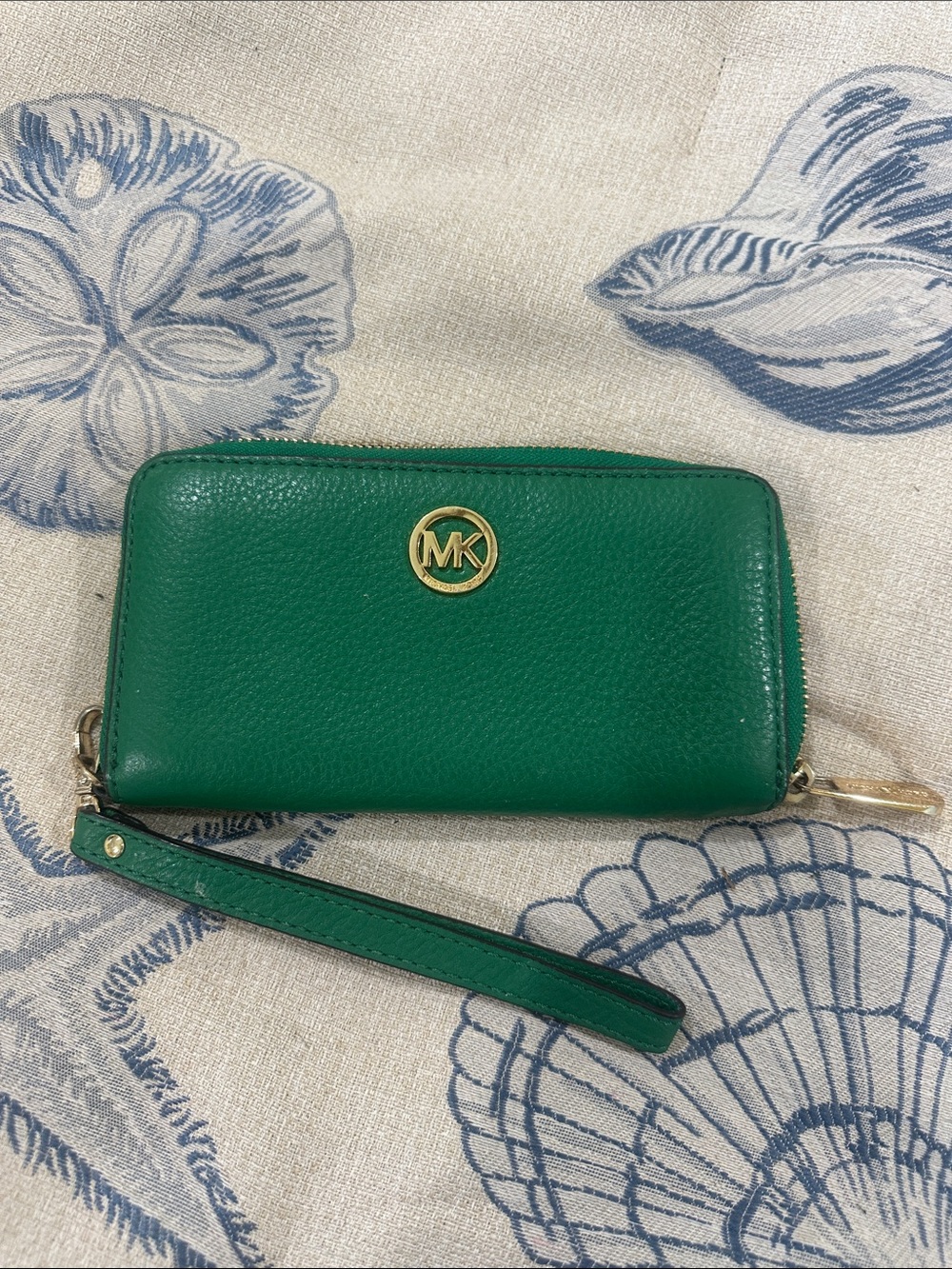 Michael Kors Emerald Green Pebbled Leather Wristlet with Gold MK Logo